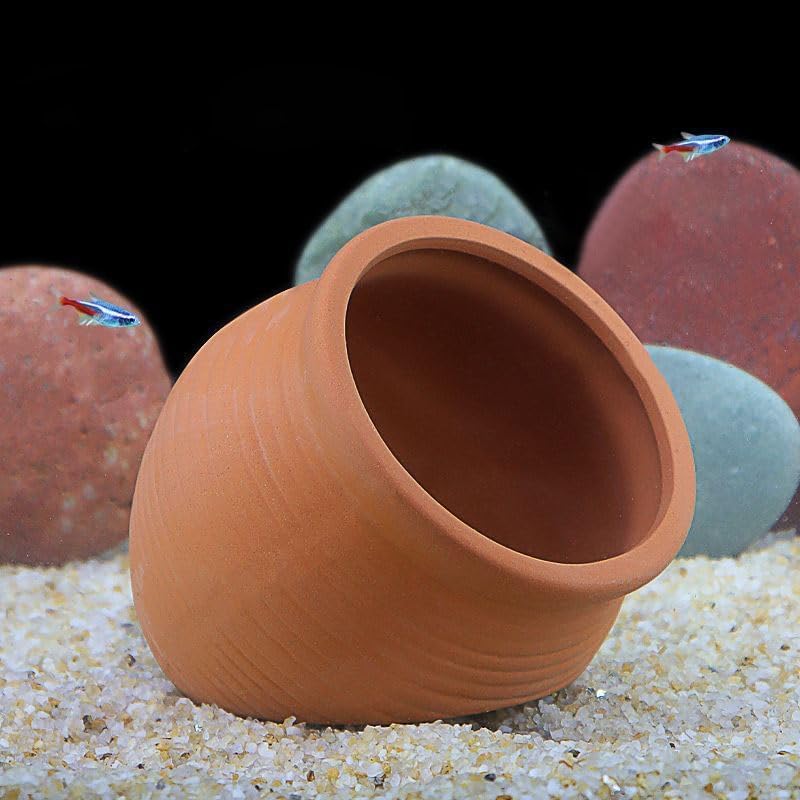 Image of RUIAN Betta Fish Hide Ceramic Aquarium Cave, Small Clay Pot Decor for Shrimp, Betta, and Small Fish, Safe Natural Hideout for Tanks, (Terracotta)