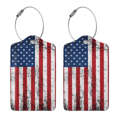 2 Pcs American Flag Luggage Tag for Suitcase, 4th of July Decorations US Flag Patriotic Decor Party Birthday Gifts for Men Women Travel, Identifiers Privacy Cover ID Label with Steel Loop