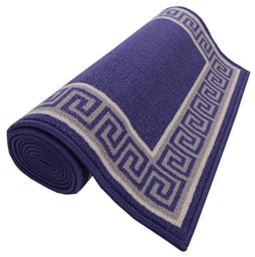 Meander Greek Key Design Navy Blue Grey Bordered Runner Rug, Slip Resistant Rubber Back 2X7 Hallway Rug Runners, Geometric Design Runner Rug #TOP5