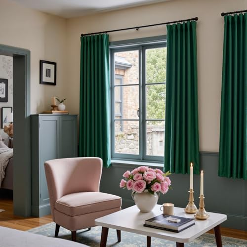 Image of Blackout Emerald Green Velvet Curtains 52x72 Inch 2 Panels | Soft Velvet, For Small Windows, Kitchens & Bathrooms, Light Shifting Texture, Elegant Drape, Classic