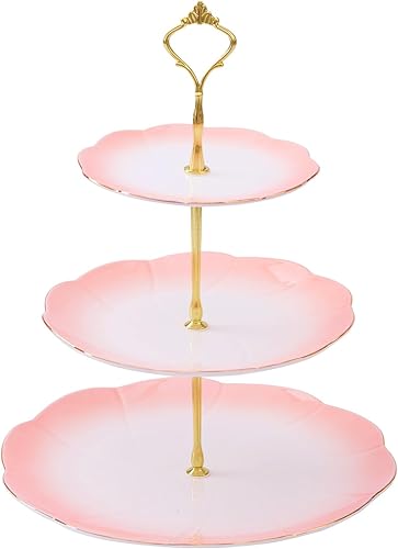 Miniatura 13 de DUJUST Torre de porcelana de lujo de 3 niveles para cupcakes, bandeja de servir estilo británico con borde dorado, soporte de exhibición de postres