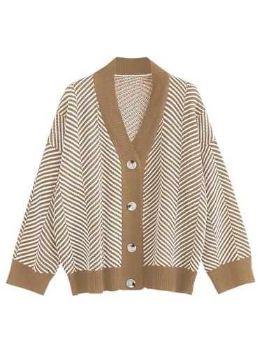 Image of ZAFUL Women's Striped Cardigan Button Up Open Front Knit Oversized Sweater | Button down, Soft chunky knit, Lightweight, Loose fit, Long lantern sleeve, Casual Daily Going Out, Fall Winter Outfits