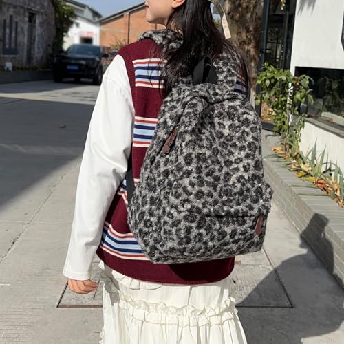 Leopard Print Backpacks Fuzzy Retro Bag Book Bag for (Black)3