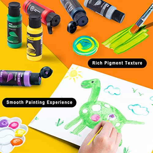 JOYIN Juego de 12 pinturas de témpera lavables para niños (2 onzas cada uno), pintura líquida para póster con 6 pinceles, 2 paletas y 1 cubo de pintura, pintura no tóxica para niños para pintar con