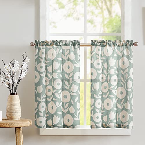 jinchan Kitchen Curtains Linen Tier Curtains Stripe Farmhouse Curtains Cafe Curtains Rustic Window Curtains Flax Light Filtering Kitchen Curtains 36 Inch Length Rod Pocket 2 Panels Sage and White