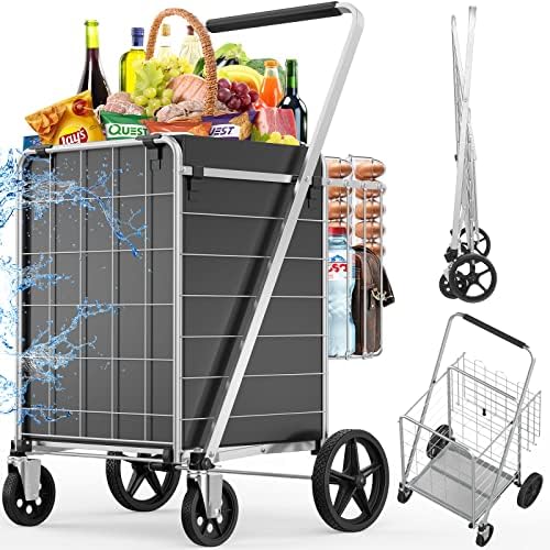 [2023 Upgrade] Shopping Cart for Groceries, 345 lbs Heavy Duty Grocery Cart with 360° Swivel Wheels, Waterproof Liner, Dual Basket, Portable Folding Utility Carts for Seniors,Laundry,Transport Silver