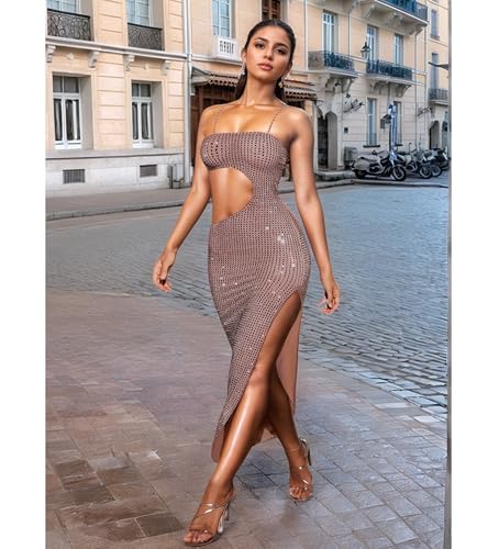 Image of Jigfar Women Sexy Elegant Rhinestone Mesh See Through Party Club Night Split Bodycon Formal Maxi Dress