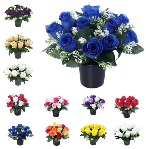 Mr. Barry’s Rose Artificial Flowers in Grave Flower Pots – UV-Resistant, Realistic, Long-Lasting Design for Cemetery, Grave Displays, Memorial Tributes, Home & Garden Floral Arrangements (Blue)