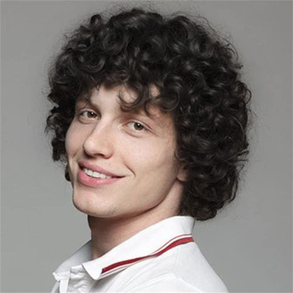 Curly Black Men Wigs Short Afro Wig 70s 80s Rocker Cosplay Costume Wigs (Black)