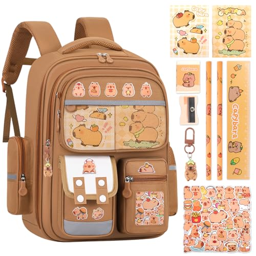 Capybara Backpack Kids- School Bag Large Cartoon Bag School Supplies with Stationery Accessories Cute Lightweight Travel Bag Multi-Compartment Kindergarten Book Bags Rucksack for Boys Girls Student