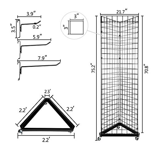 Bonnlo 6' x 2' Triangle Wire Grid Panel Tower with Base and Casters, 5mm Wire, 220 Weight Capacity Wire Grid Wall Display Rack with 3 Sizes x 6 Hooks