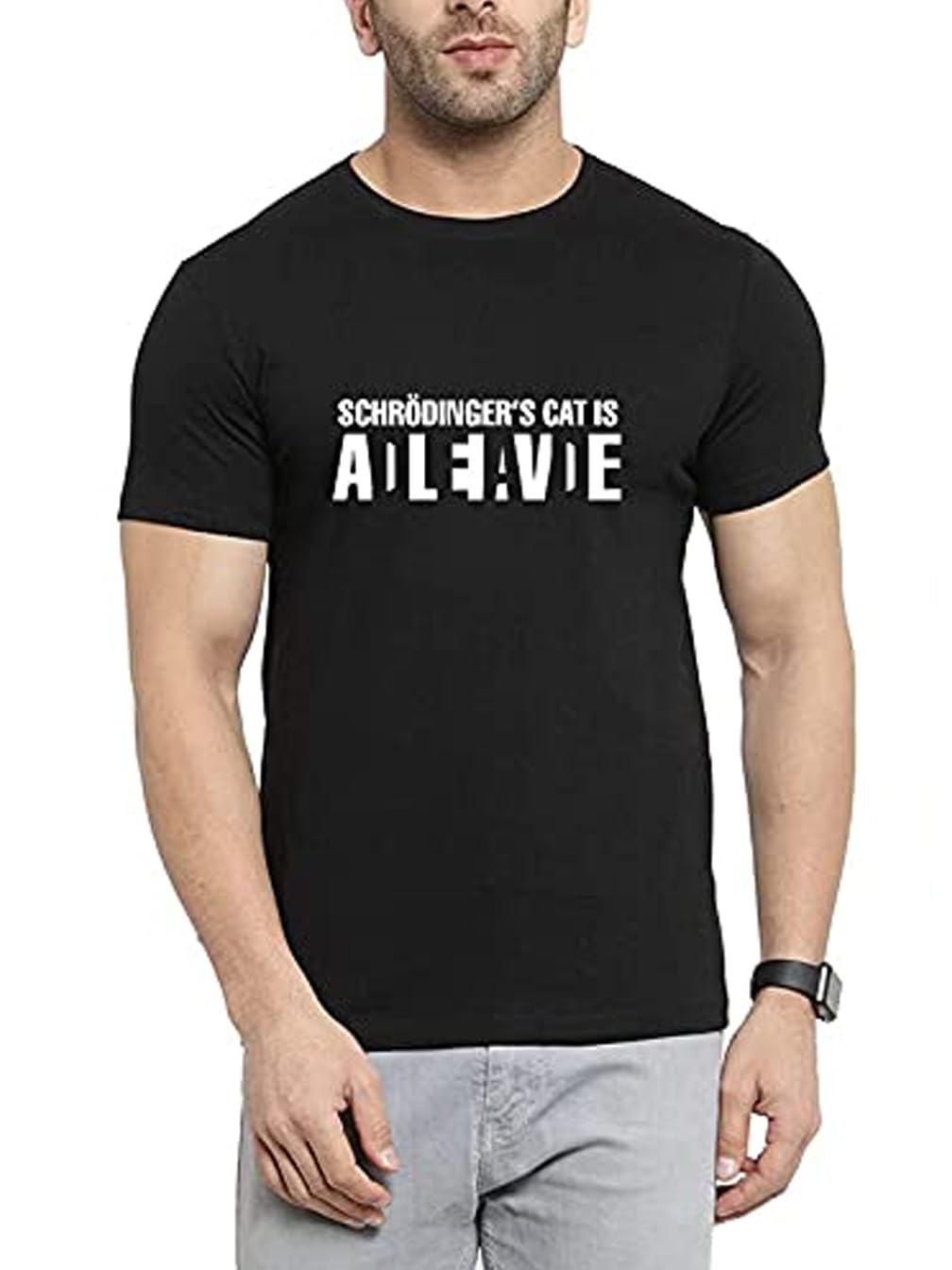 MyTees|Funny Graphic Printed Trending Quotes Tshirt for Men | Half Sleeves T-Shirt for Women |Schrodinger�S Smile cat |100% Cotton Biowash T-Shirt 180GSM for Man (Style -003)