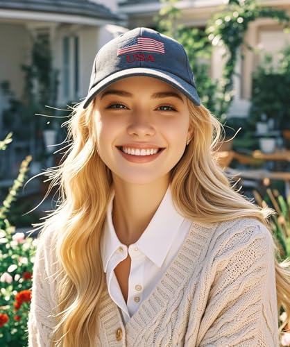 Image of USA Baseball Cap American Flag Washed Hat Adjustable Cotton Unconstructed Embroidered Cap