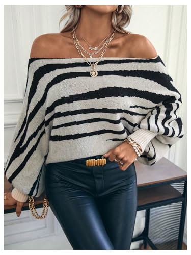 MakeMeChic Women's Stripes Pattern Long Sleeve Boat Neck Loose Fit Casual Pullover Sweater Tops4