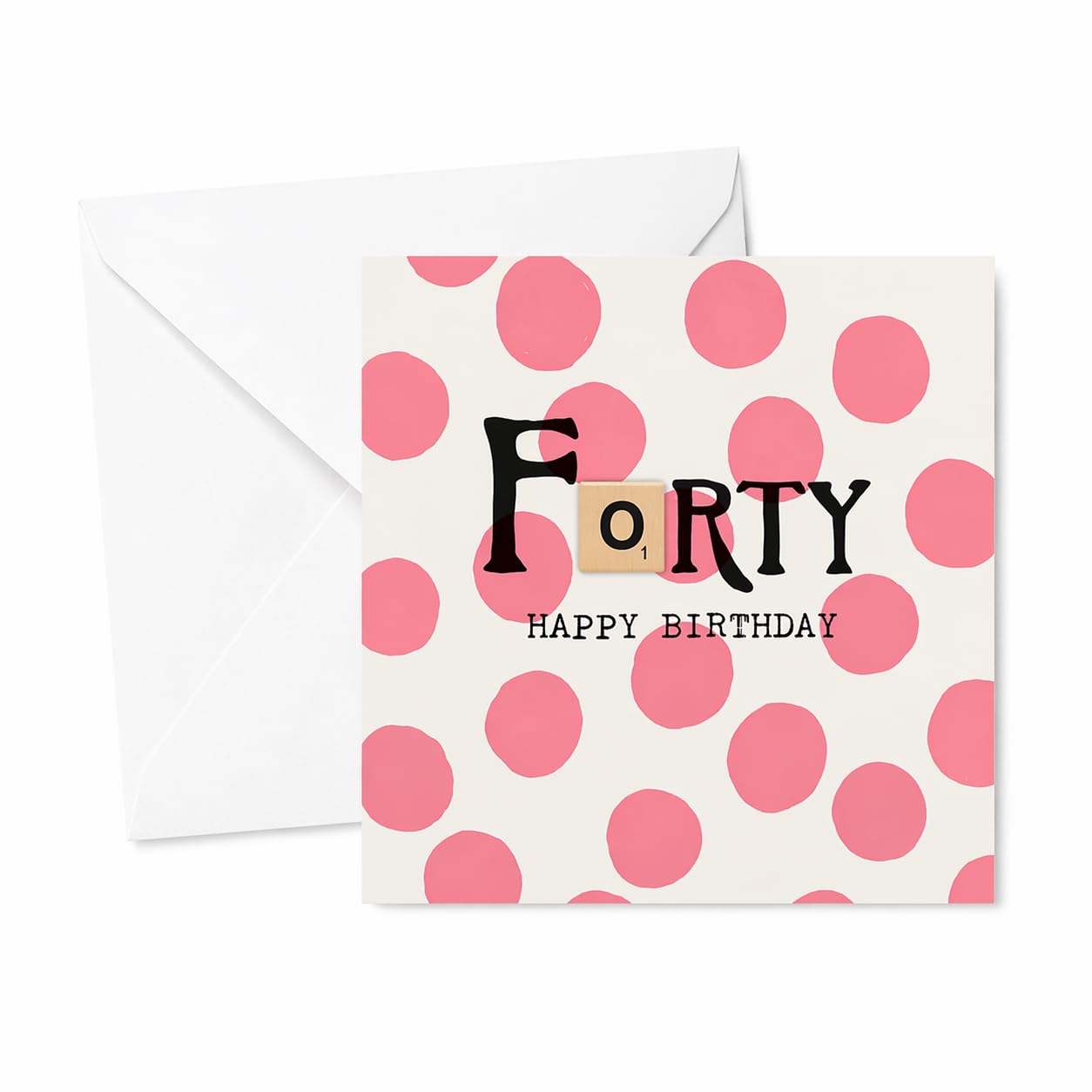 Bexy Boo 40th Birthday Card with Wooden Scrabble Tile Attachment – “Forty” Milestone Card – Pink Polka Dot Design for Women