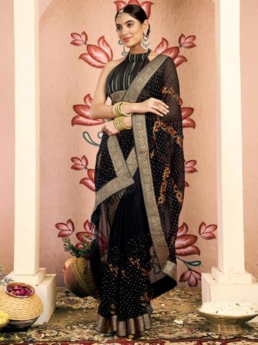 Image of Satrani Women's Georgette Embroidery & Stone Work Saree with Unstitched Blouse Piece