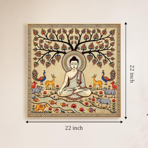 Image of PAINTINGMANTRA Madhubani Buddha Wall Painting for Living Room, Buddha wall Art Painting for living room, Bedroom, office and Meditation Room, Canvas, 22x22 Inch