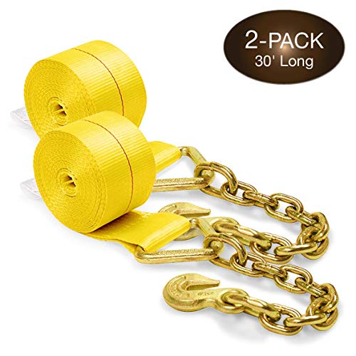 Two 4-in. X 30-Ft. Heavy-Duty Winch Straps with Chain End and Grab Hook, 16,200 Lbs. Break Strength | Chain TieDowns by DC Cargo Mall