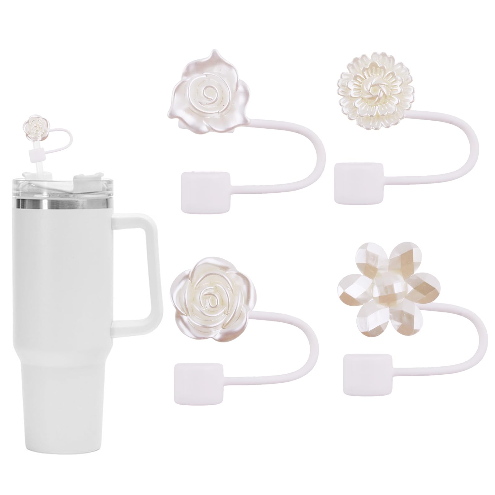 4PCS Straw Cover Cap for Stanley Cup Silicone Straw Topper with Resin flower 10mm 0.4in Compatible with 30&40 Oz Tumbler Dust-Proof Reusable Straw Tips Lids