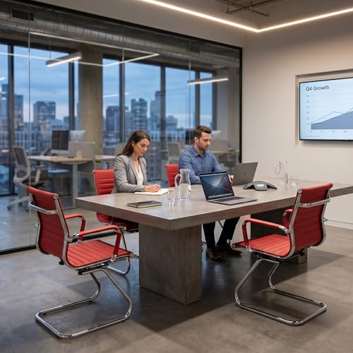 Image of HNY Leather Office Guest Chairs & Reception Chairs Set of 4, Modern Waiting Room Chairs with Arms, Desk Chair no Wheels with Sled Base for Waiting Room /Conference Room, Burgundy