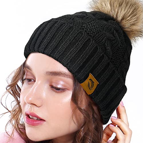 Winter Beanie Hats Gifts For Women - Christmas Stocking Stuffers Birthday Gifts Unique For Women Teens Girls Black Warm Knit Beanies Hat With Fur Pom Fashion Skull Cap Slouchy For Ladies Unisex Adults #TOP6