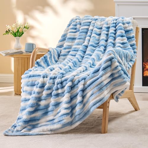 Image of BEDELITE Ribbed Twin Blanket for Couch & Bed, Blue&White, 60 inchx80 inch | Ultra-Soft Plush Fleece, Cozy, Warm Yet Lightweight, Ribbed Texture, Home Decor, Machine Washable, Giftable, All-Season Use