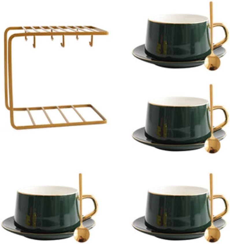 Tea Cup Set Tea Cup Saucer Set Porcelain Teacup Set Nordic Solid Color Coffee Cup Saucer Set with Cup Rack Spoon(Yellow 4 pcs) (Red 6 pcs)