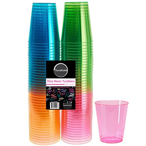 DuraHome - Hard Plastic Cups - 10 Oz. Party Cups Beverage Tumblers in Assorted Neon Colors (Blacklight Party) 80-Count