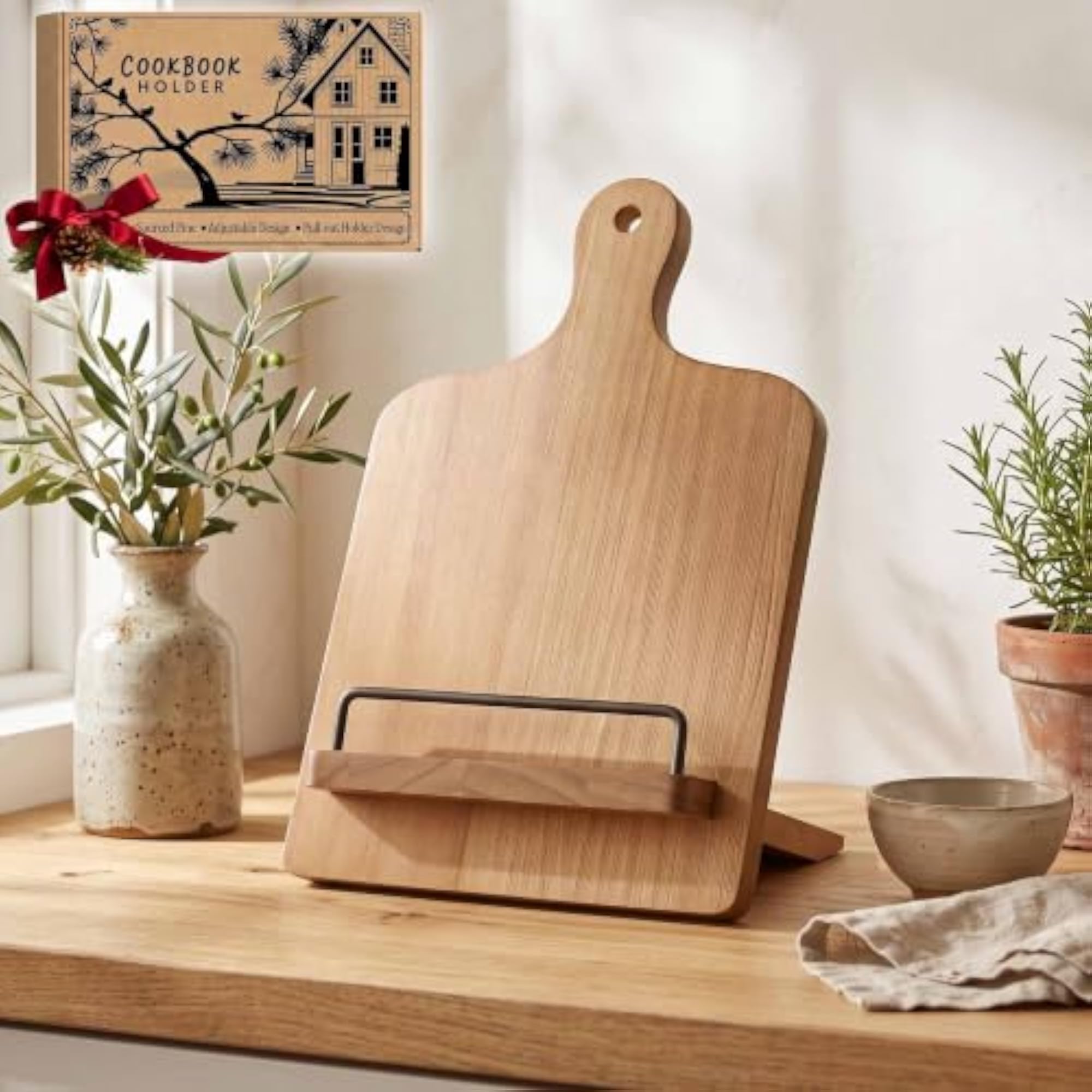 Wooden Cookbook Stand with Adjustable Pull-out Stand