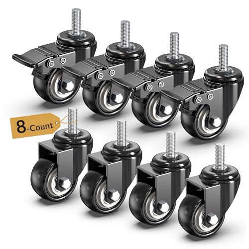 Image of HOLKIE Stem Caster Wheels 2 inch Total Casters Set of 4, Threaded Stem 3 /8 inch -16 x 1 (Diameter 3 /8 inch, Length 1 inch) Swivel Heavy Duty Castors Black 8 Pack