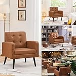 Yaheetech Mid-Century Accent Chairs, PU Leather Modern Upholstered Living Room Chair, Cozy Armchair Button Tufted Back and Wood Legs for Bedroom/Office/Cafe, Retro Brown - Image 5