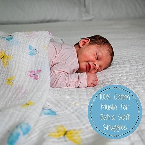 Image of LollyBanks Baby Blankets, 100% Muslin Cotton Swaddle Blanket for Girls, Soft and Large 47 x 47 Inches Newborn Swaddle, Breathable Baby Receiving Blankets, Registry (Butterfly Print)