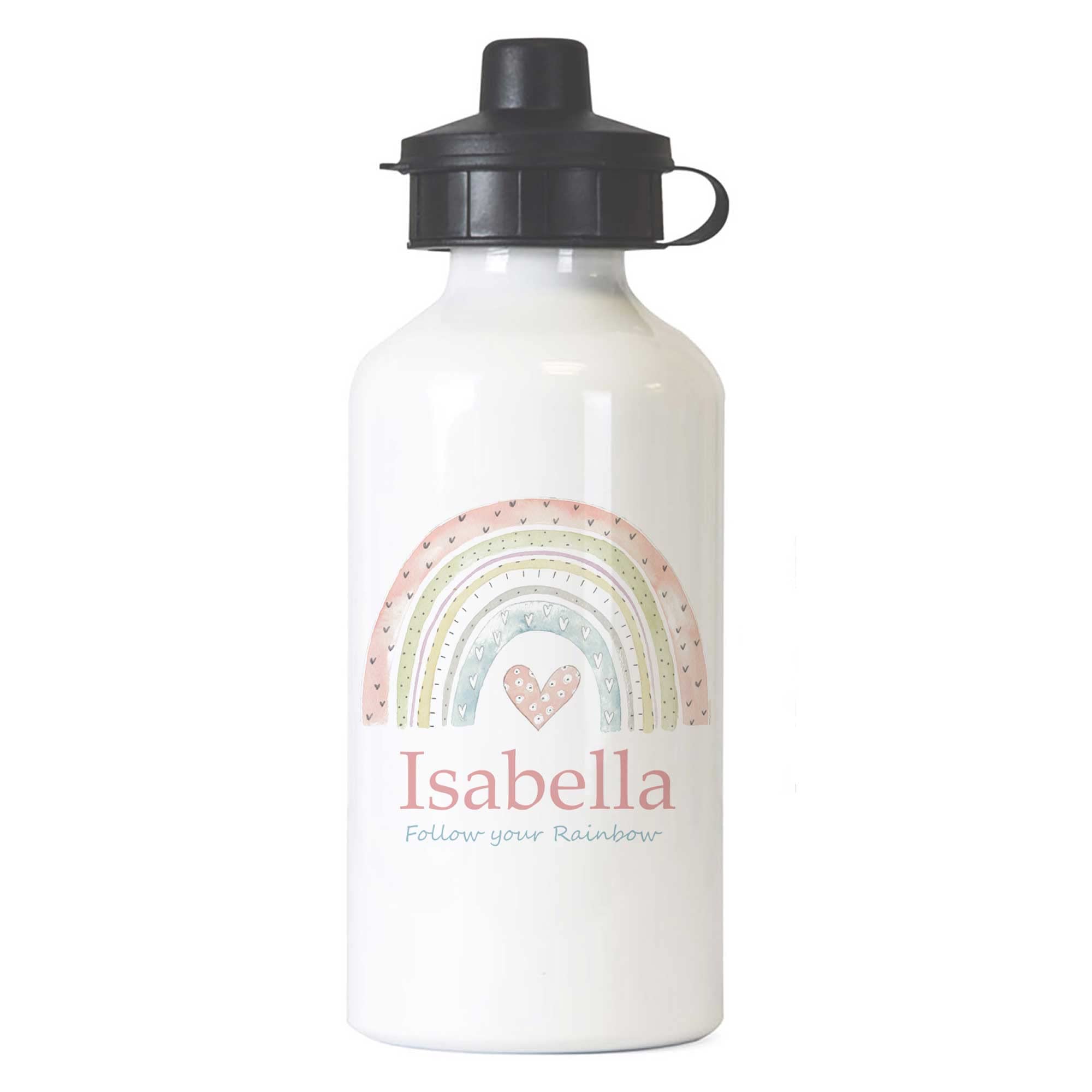Tigerlilyprints Personalised Girl School Sports Bottle- Unicorn Butterfly Kids Water Bottle, Nursery, travel. 400ml, 2 cap fittings more Designs. (rainbow Pastel) โ image 1