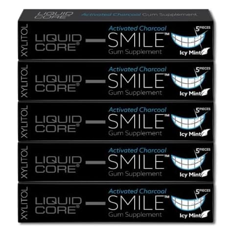 Liquid Core Smile Activated Charcoal Gum with MCT Oil, Hydroxyapatite, and Xylitol – Teeth Cleaning Gum, Icy Mint Sugar-Free Gum (5 Pack) Cover