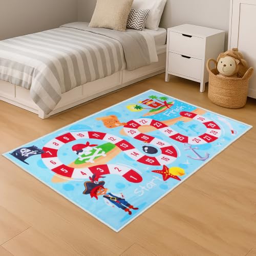 Image of Story@Home Kids Play Mat Carpet 3x5 ft | Anti-Skid Rug for Playroom | Sea Pirates Theme | Super Soft Polyester Floor Mat for Boys & Girls | Sky Blue Crawl & Play Carpet