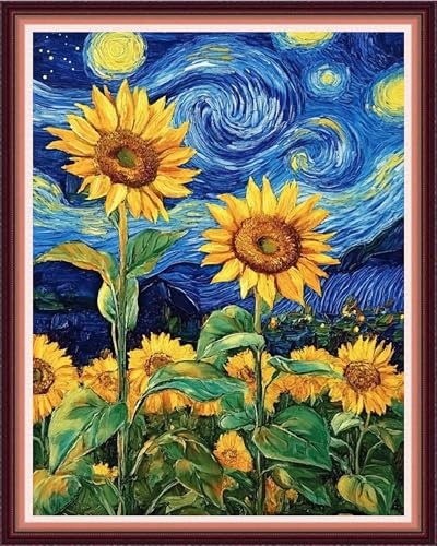Image of Fanxvivy Stamped Cross Stitch Kits for Beginners Full Range of Cross Stitching Preprinted Embroidery Kits for Adults, 11CT Embroidery Pattern Needlepoint Kits-Van Gogh Starry Sky Sunflower 16x20 inch