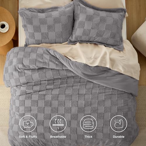 Image of Bedsure Grey King Size Comforter Set, Boho Tufted Bed Set, Checkered Farmhouse-Style Distressed Vintage Bedding, 3 Pieces, 1 Plaid Geometric Comforter and 2 Pillow Shams