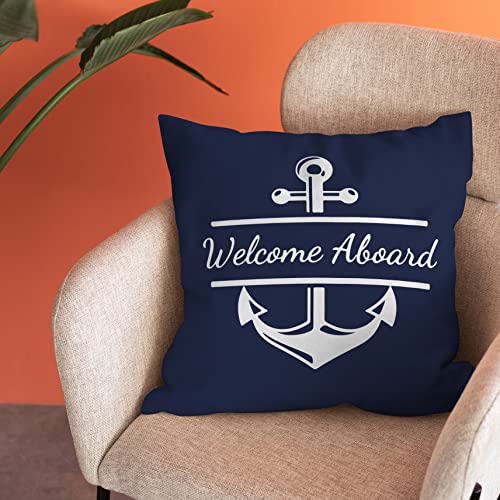Burosev Welcome Aboard Soft Throw Pillow Cover, Navy Blue Boat Anchor Decorative Pillowcase, Nautical Sailing Farmhouse Decor Decorations For Home Bedroom Sofa Living Room(18 X 18 Inch) #TOP1