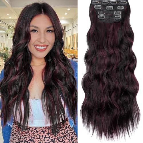 Image of KooKaStyle Wavy Thick Clip in Hair Extensions 24 inch Burgundy mix Dark Brown
