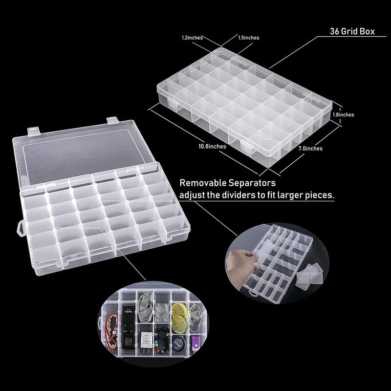 Image of Finner 36 Grids Cells Multipurpose Adjustable Jewelry Storage Boxes Organizer with Removable Dividers Plastic Storage Case for Jewelry, Earring, Medicine Pills Container Tool Small (Transparent