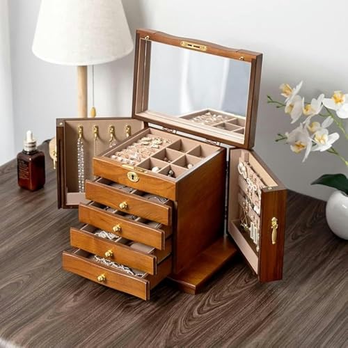 Elegancka drewniana szkatułka na biżuterię z 4 szufladami, zamkiem i lusterkiem – stylowy organizer z twardego drewna dla kobiet, idealna szkatułka na biżuterię i prezenty (kolor D) (E)