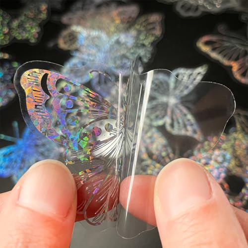 NICENEEDED 200 Stück Holografische Glitzeraufkleber DIY Transparenter Laseraufkleber Glänzende Schmetterlingszauber Wasserfeste Aufkleber Sets