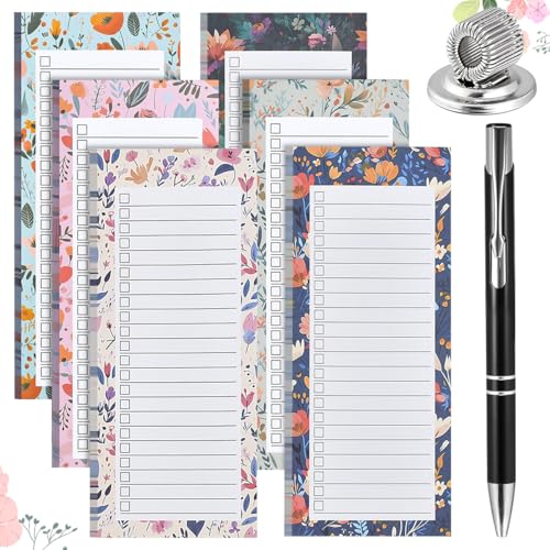 JNEYVIC 6 Stück Magnetische Notizblöcke Kühlschrank Einkaufszettel Blöcke Magnet Notizblock 50 Blätter/Block Einkaufsliste Magnetisch To Do Listen Block Blumendesign Magnetblock mit Stifthalter