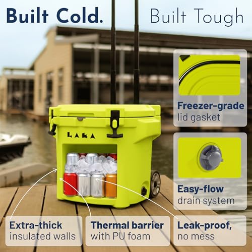 Image of Laka Cooler with Wheels - 30QT Rotomolded Insulated Rolling Hard Cooler, Telescoping Handle, Holds 24 Cans + Ice, Up to 7 Days Cold, Drain Plug, Cup Holders + Bottle Opener, Beach /Camping /Boat