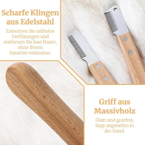 AJKQNMA Trimmmesser für Hunde mit Holzgriff Trimmkamm Feiner & Grober Kamm Trimm Messer Hundekamm aus gehärtetem und geschliffenem Edelstahl Haustierpflege Werkzeug für Haustier Pet Unterwolle