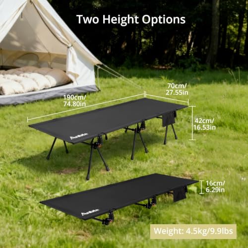 Image of Anbte Height Adjustable Camping Cot with Storage Net & Bag, Support up to 400lbs Comfortable Portable Cots for Adult Folding Bed for Camping Hiking Travel Truck Beach Office Nap, Black