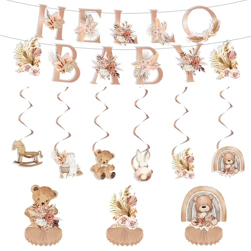 XCSJ Boho Baby Shower Lot de 11 guirlandes de décoration de fête et tourbillons à suspendre, centre de table en nid d'abeille pour fête prénatale et fête...