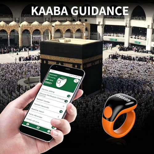 Image of Smart Tasbih Zikr Ring,Adjustable(18 /20 /22mm) Muslim Digital Azan Alarm Clock Counter,APP Support Digital Counter Prayer Reminder Rings, Waterproof 5 Digit Finger Counter for Muslims(Orange)