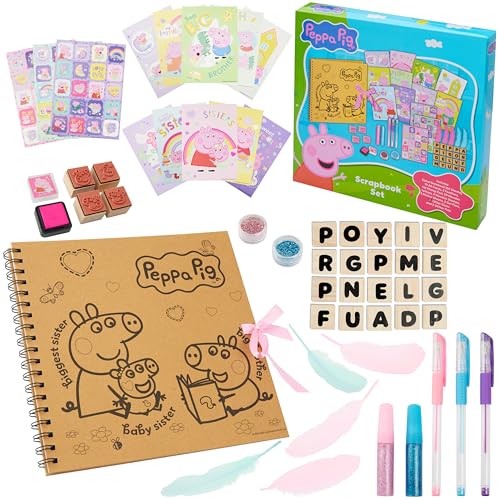 Peppa Pig Scrapbook Set Scrapbooking Materiales 51 Piezas con Pegatinas Sellos Letras de Madera Plumas y Accesorios Creativos para Manualidades Niñas