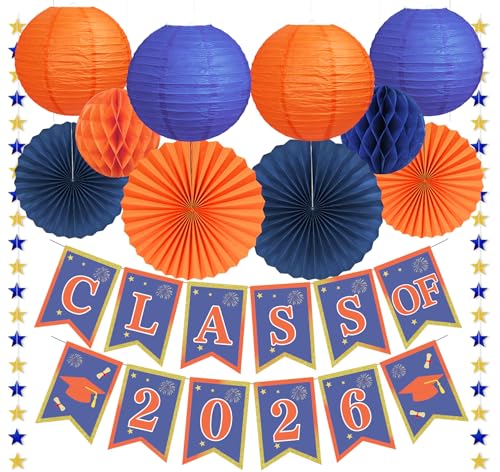 Orange and Blue Graduation Decorations 2026 - 15Pcs Navy Blue and Orange Party Decorations Kit with Class of 2026 Banner Paper Fans Lanterns Honeycomb Balls & Glitter Stars